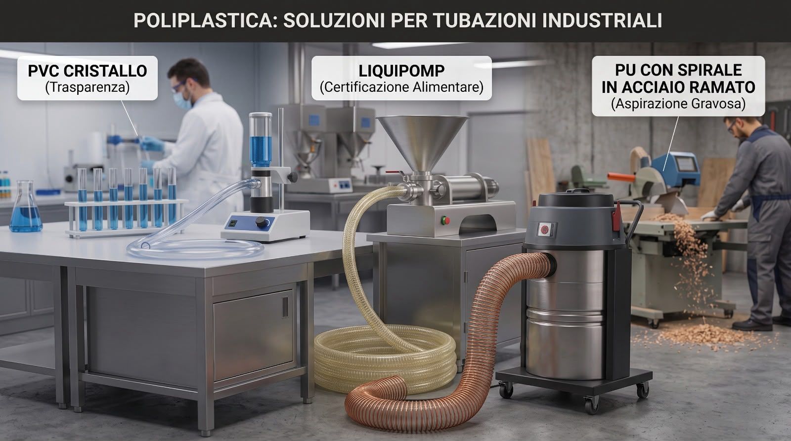 Confronto tubazioni industriali: tubo PVC Cristallo, tubo alimentare LiquiPomp e tubo PU spiralato