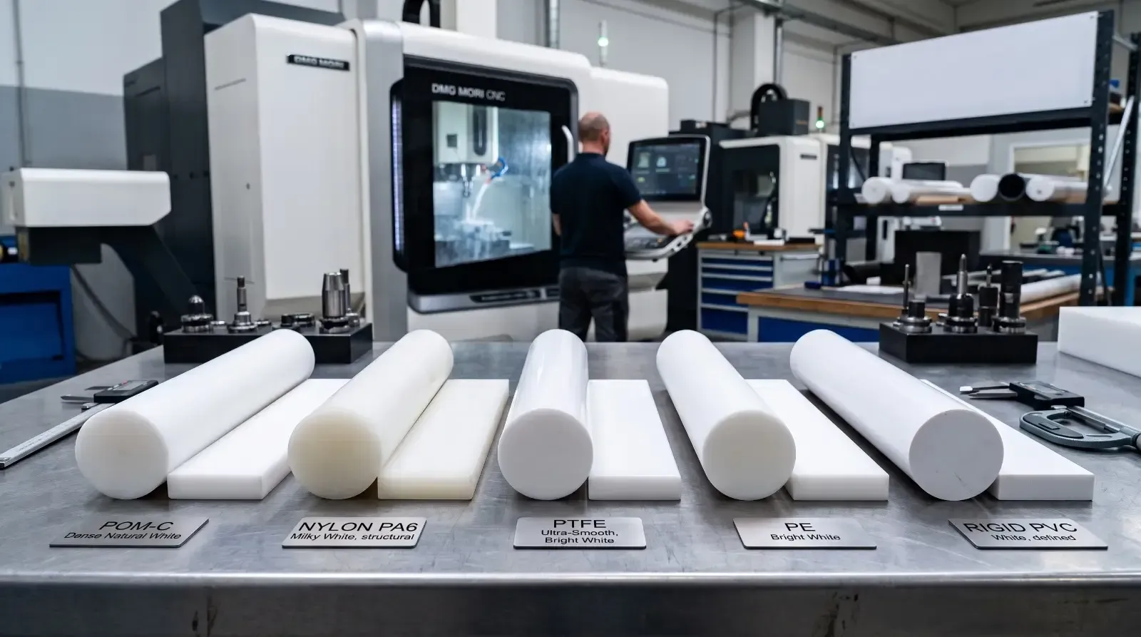 Tondi in tecnopolimero bianco tagliati a misura su banco da lavoro in un'officina CNC