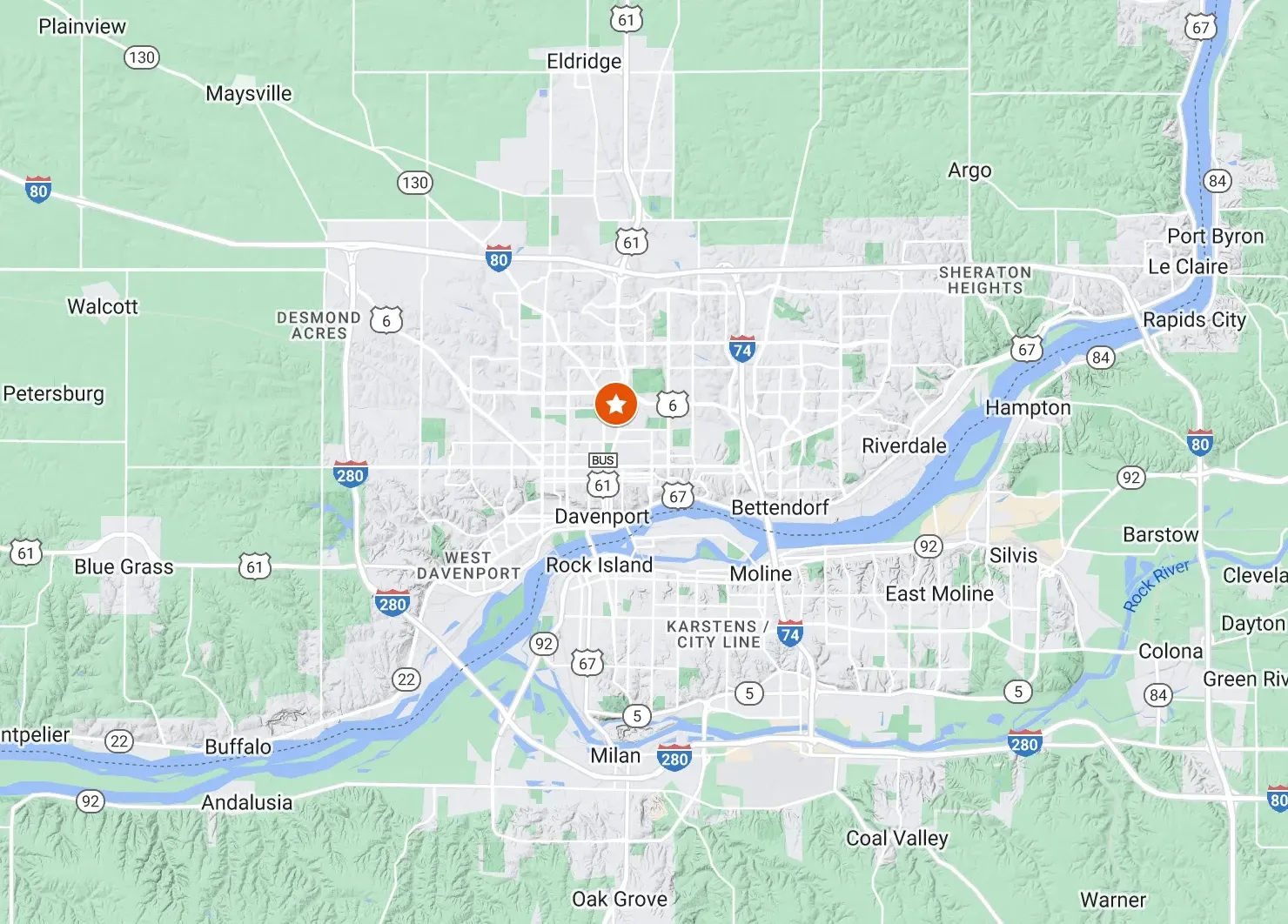 Map of the Quad Cities area in Iowa and Illinois with a star for the location of Davenport Dirtworks.