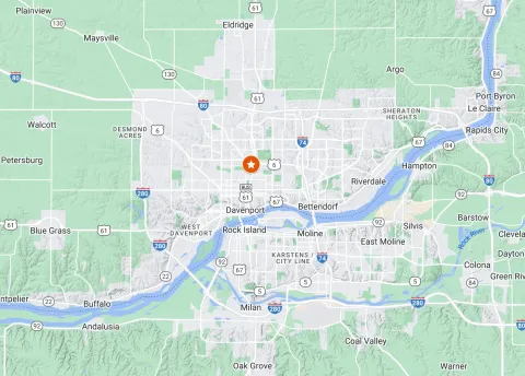 Map of the Quad Cities area in Iowa and Illinois with a star for the location of Davenport Dirtworks.