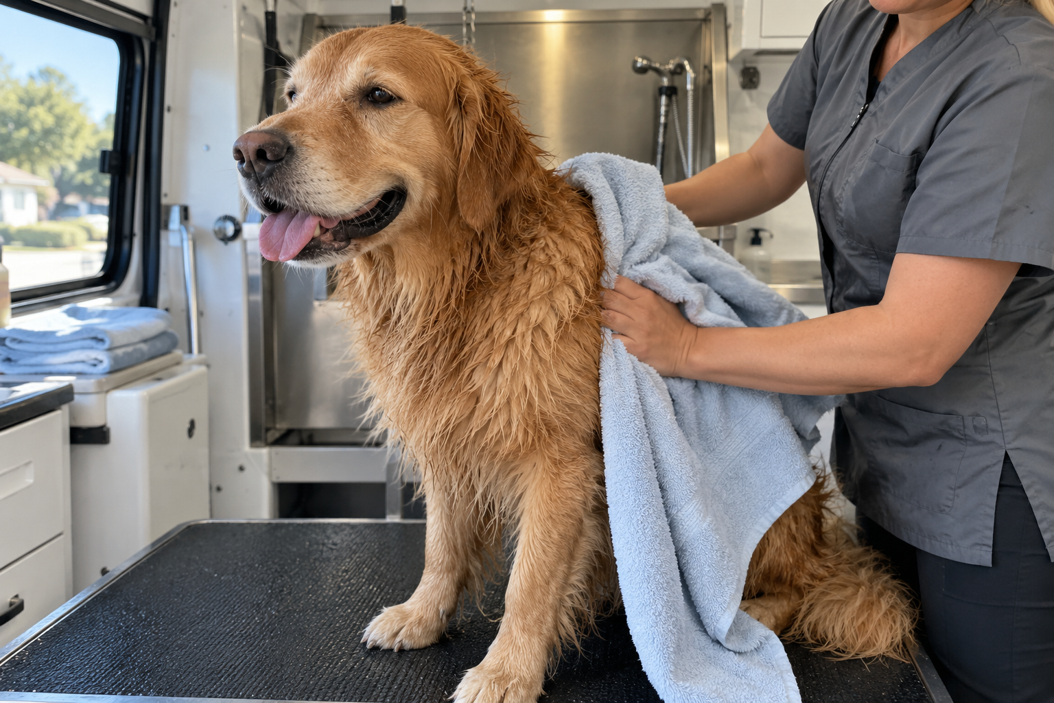 Groomer towel-drying a wet golden retriever on the grooming table of a mobile grooming van