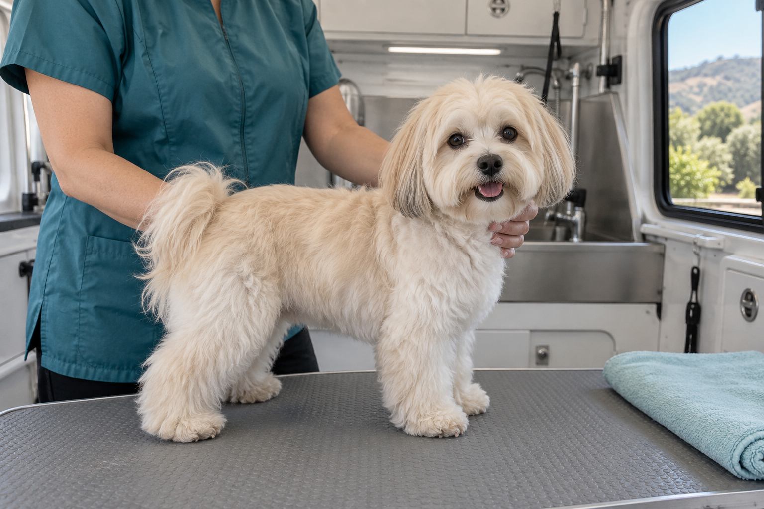 Groomer steadying a cream Havanese with a fluffy pet trim on a grooming table in a mobile grooming van