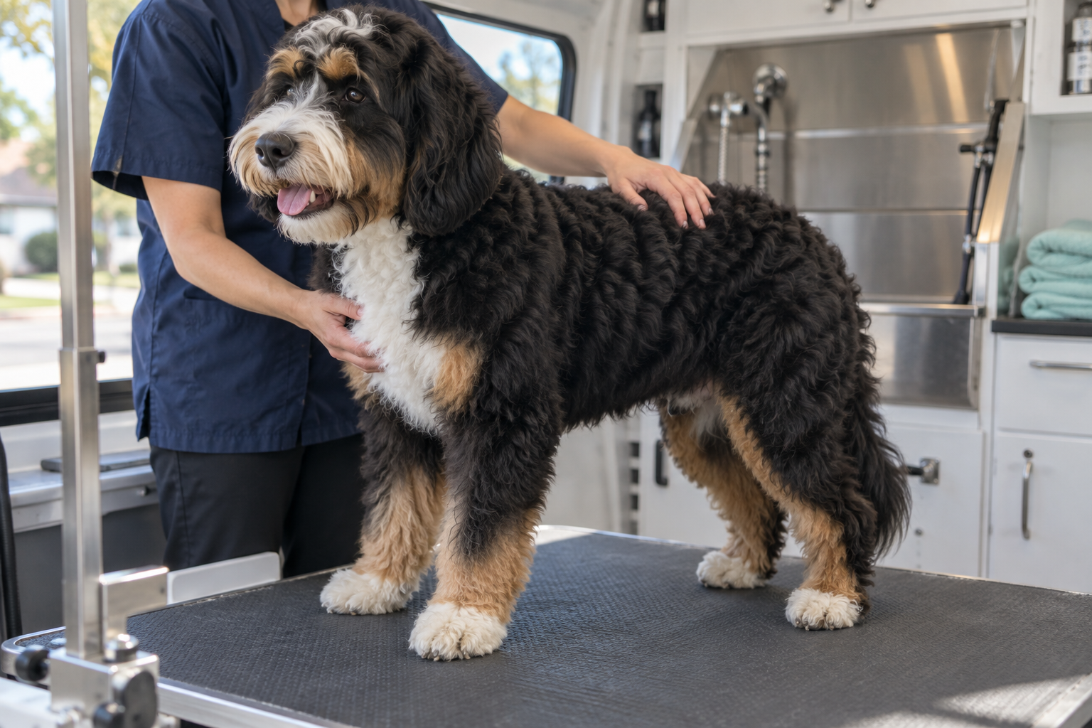 Groomer resting a hand on a curly black, tan and white Bernedoodle on a grooming table in a mobile van