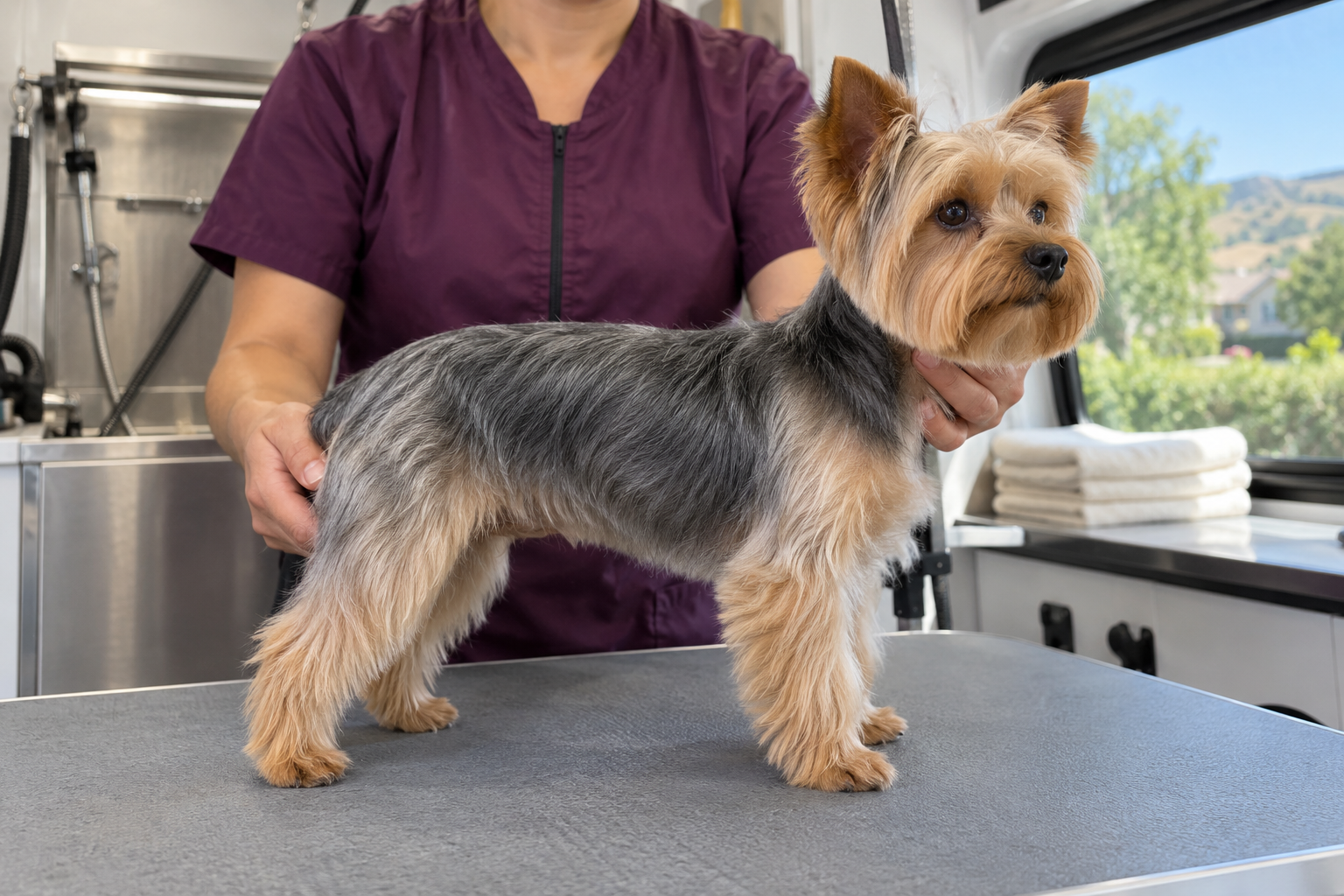 Groomer holding a Yorkshire terrier with a short body trim on a grooming table in a mobile van
