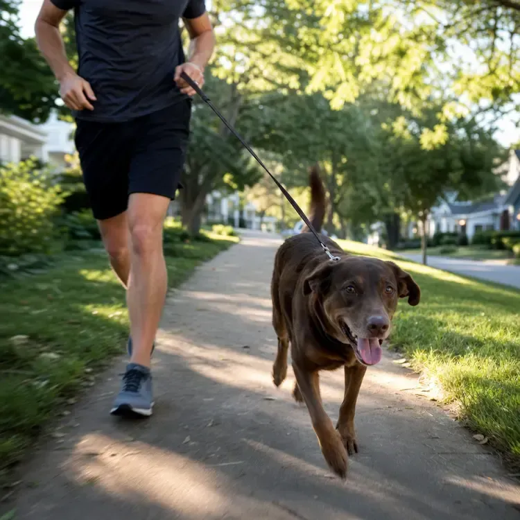 Person jogging with a brown dog on a leash along a sunny neighborhood sidewalk