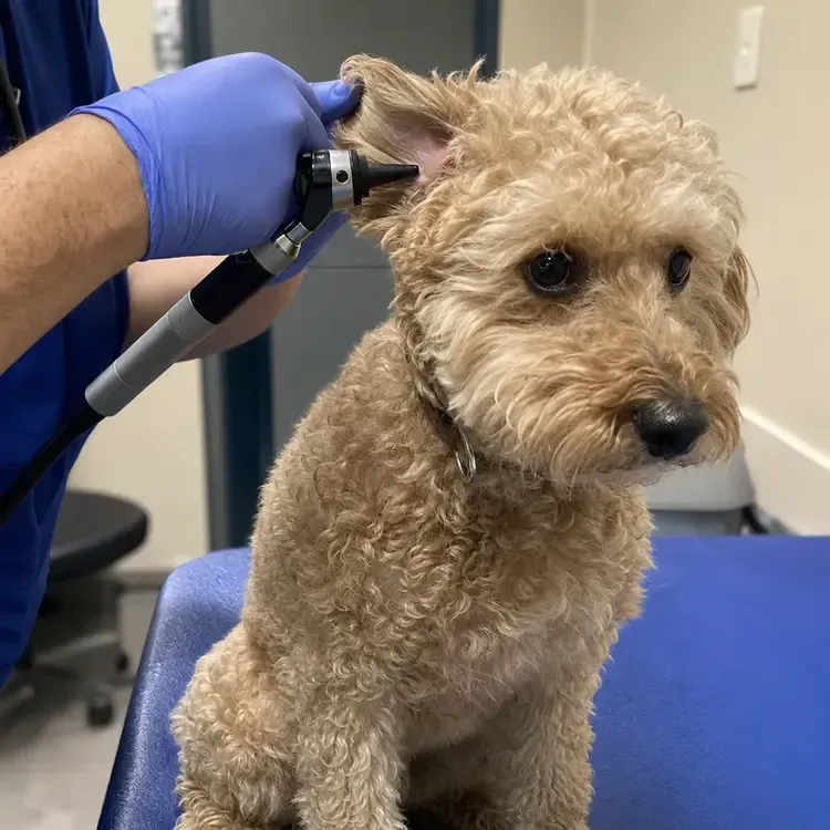 Curly brown dog being examined with an otoscope by a gloved veterinarian