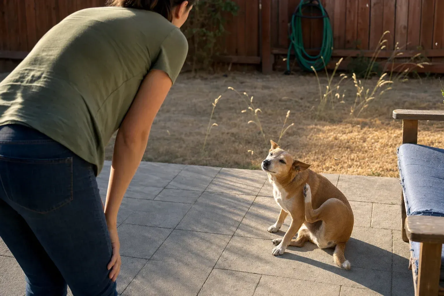 Dog sitting on a patio scratching its ear with a hind leg while its owner watches