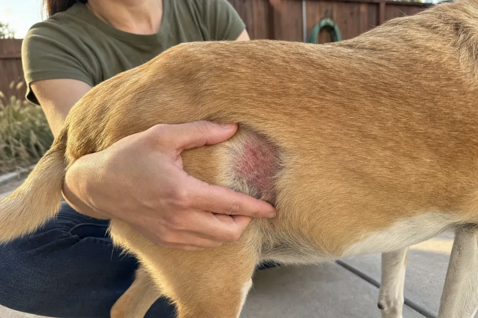 Owner holding back a dog's fur to show a raw red patch where the coat has been licked thin