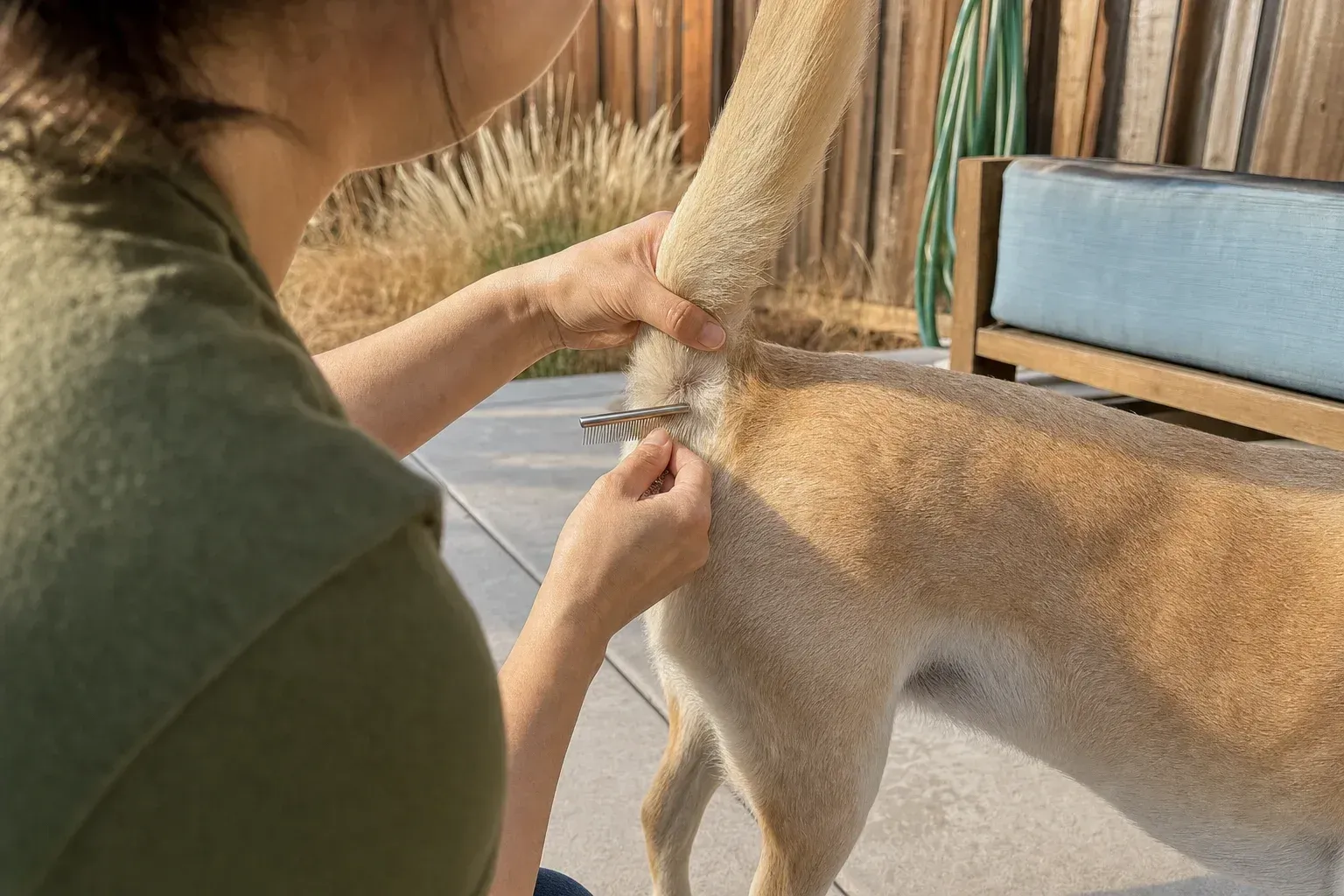 Owner parting a dog's fur at the base of the tail with a fine metal flea comb in hand