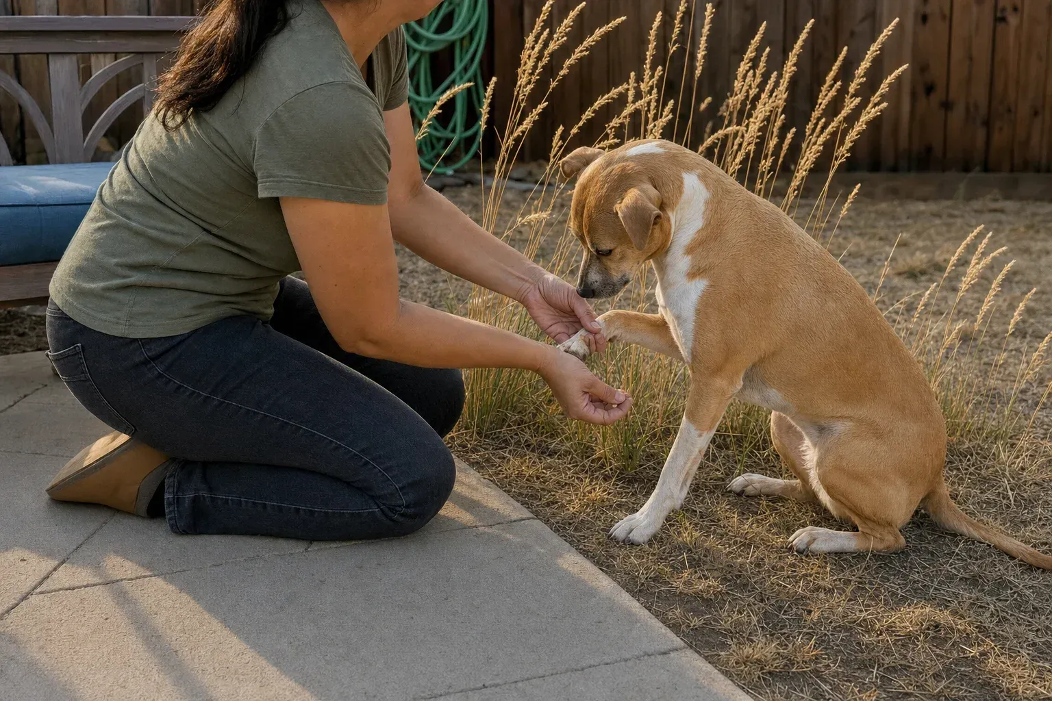Owner pulling a dry grass seed head from between a dog's toes at the edge of a dry lawn