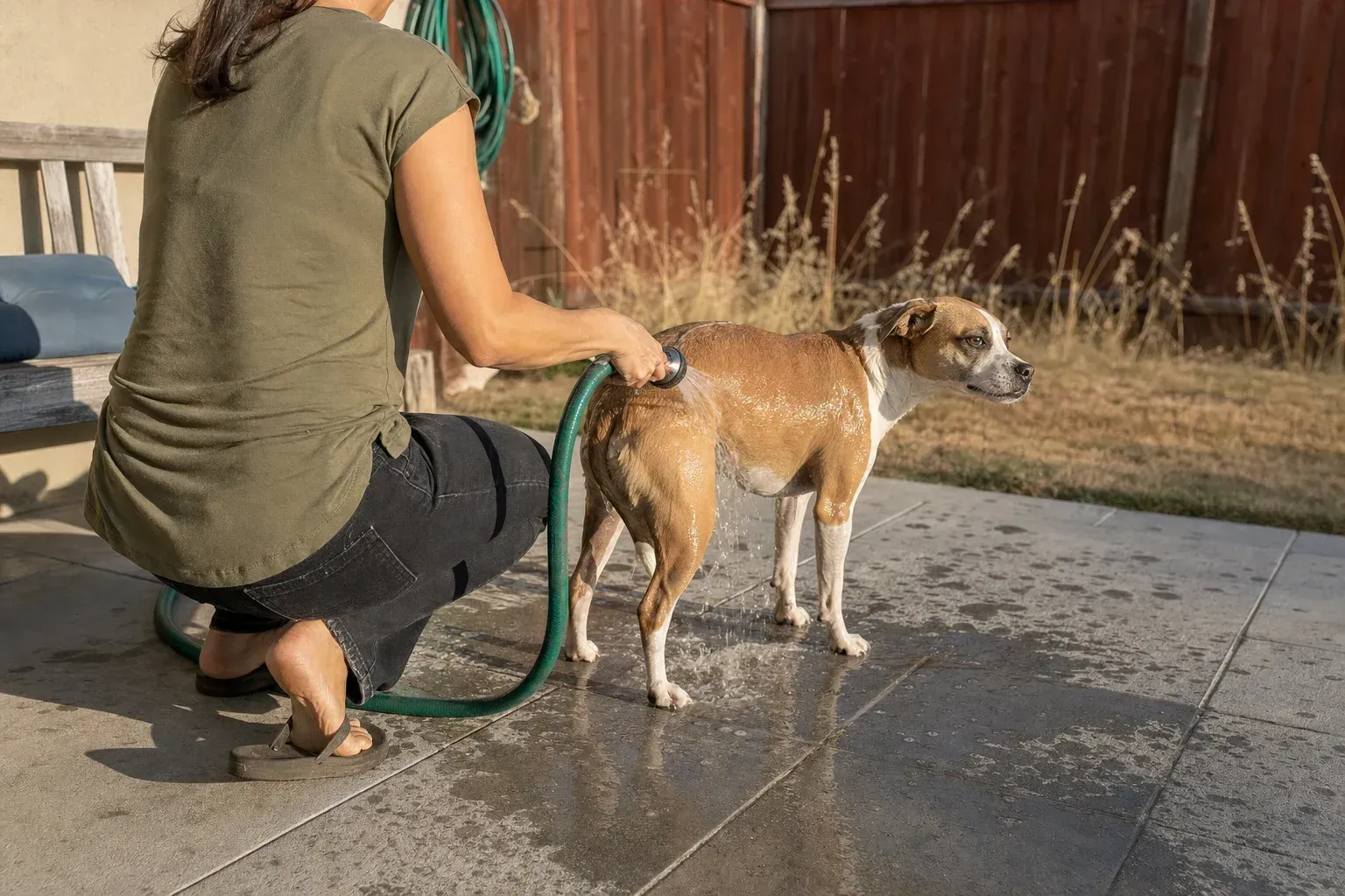 Owner rinsing a dog on a patio with a garden hose, water running off the coat