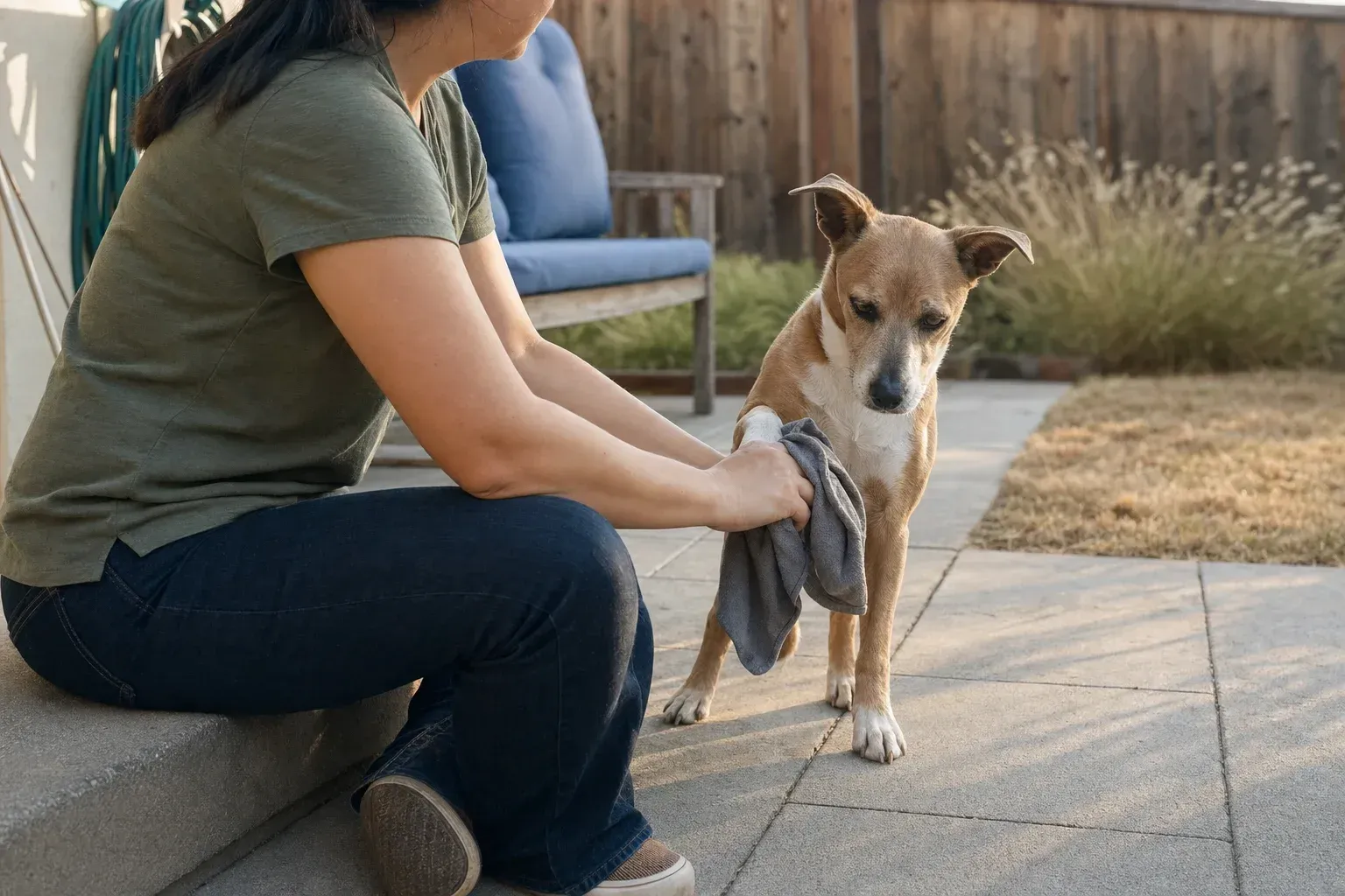 Owner wiping a dog's front paw with a damp cloth while sitting on a patio step
