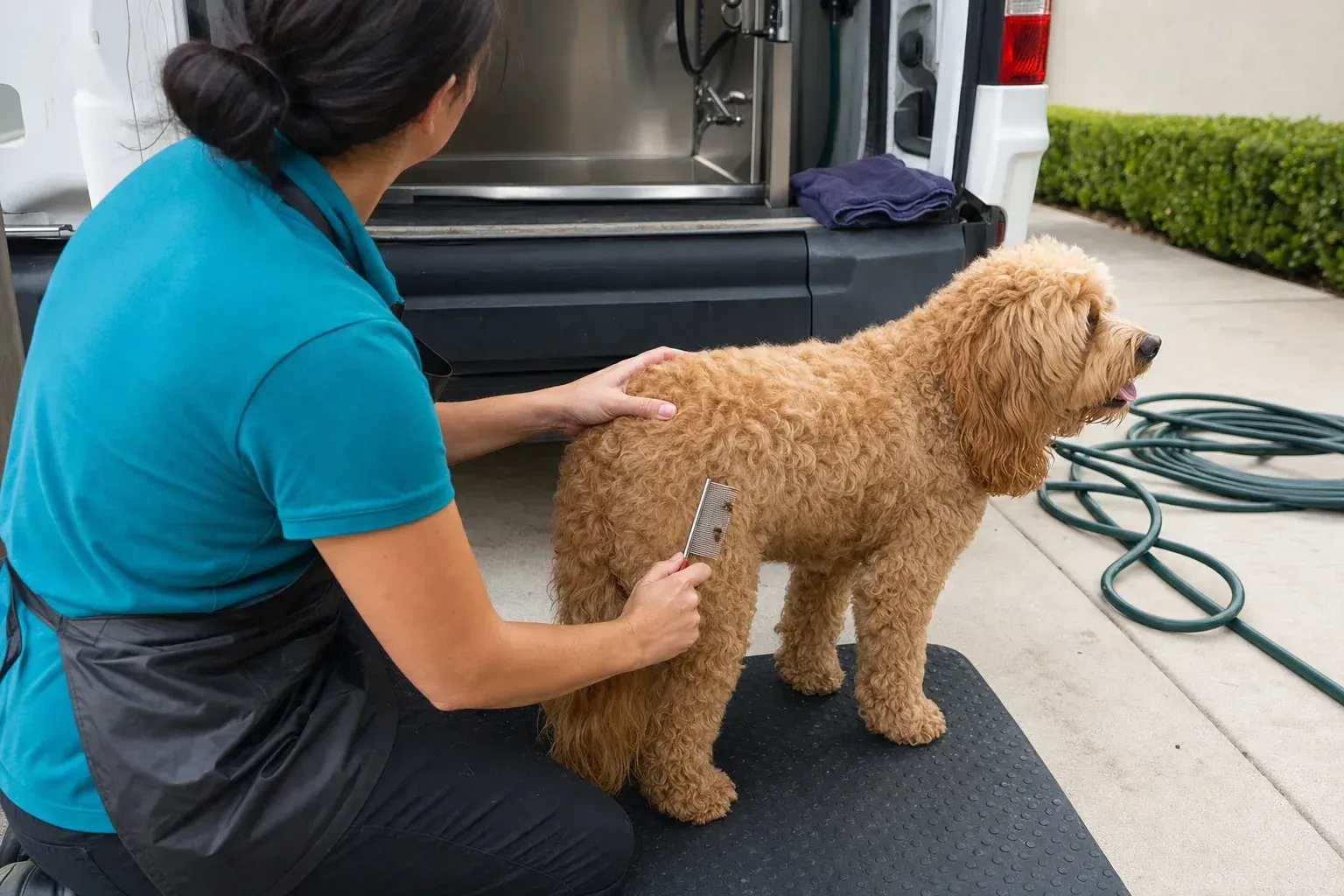 Fine metal flea comb being drawn through the fur on a dog's rump on a driveway