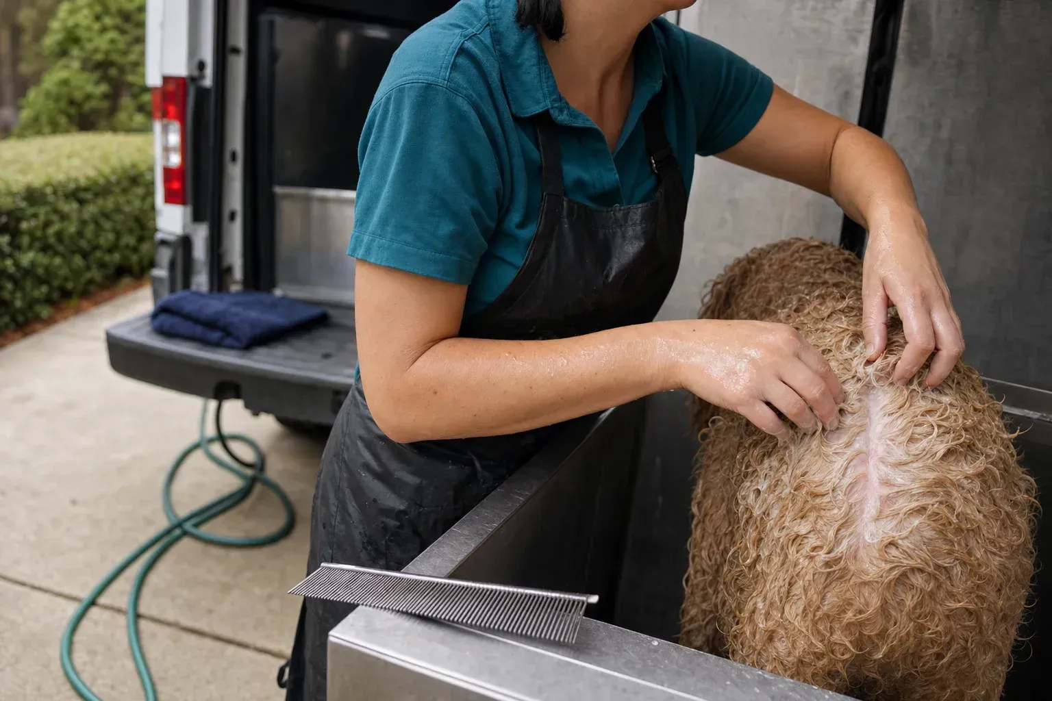Groomer parting wet lathered fur down to the skin along a dog's back during a bath
