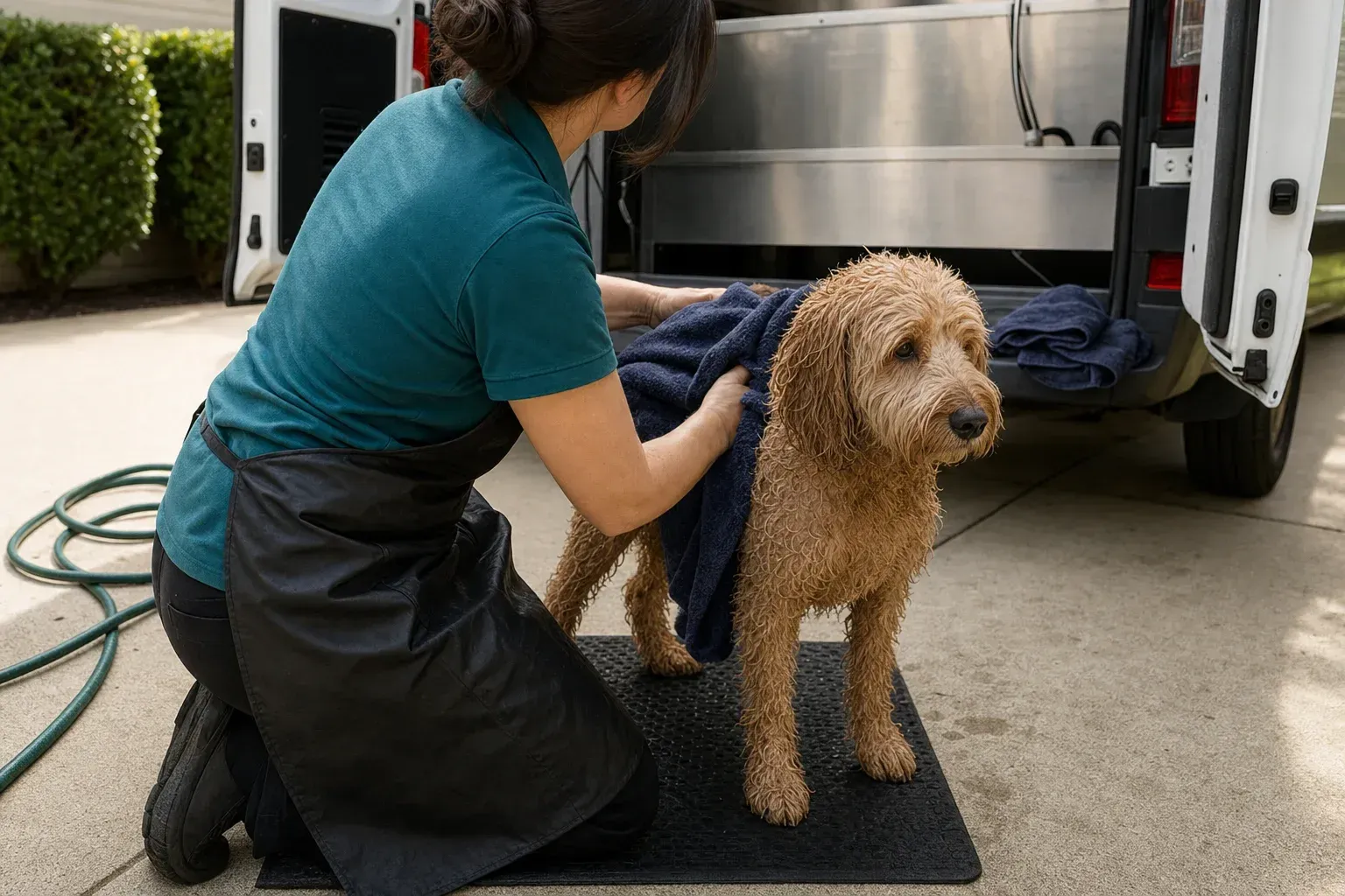 Groomer towel drying a damp dog at the open back of a mobile grooming van in a driveway