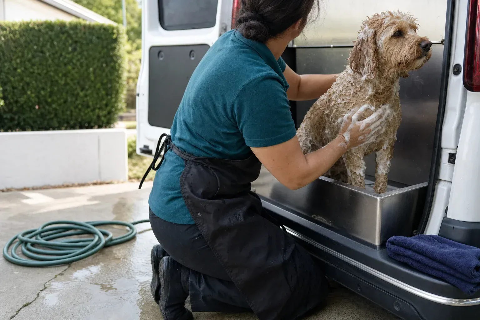 Groomer lathering a soapy apricot doodle in the tub at the open back of a mobile grooming van