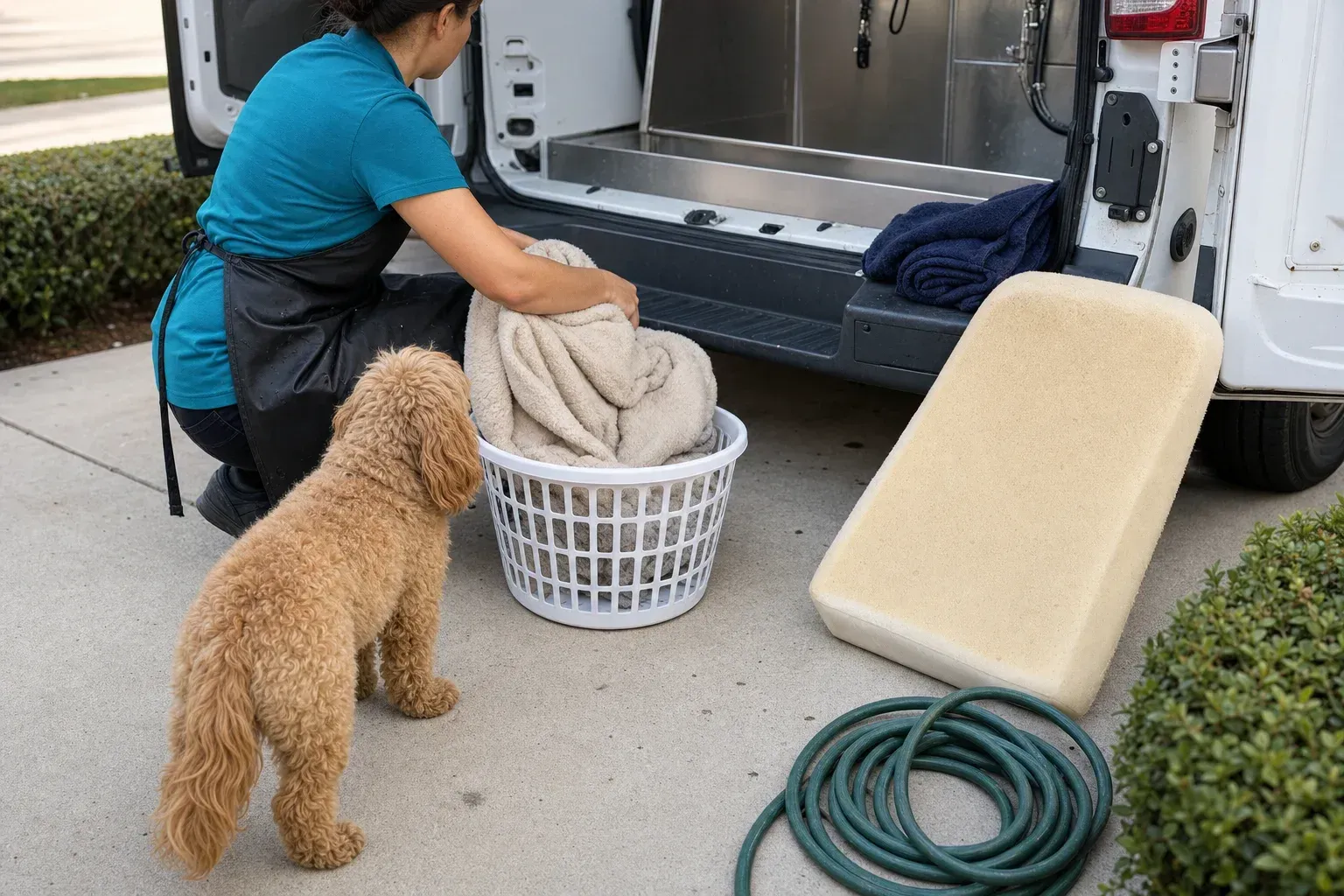 Person stuffing a stripped dog bed cover into a laundry basket on a driveway next to a grooming van