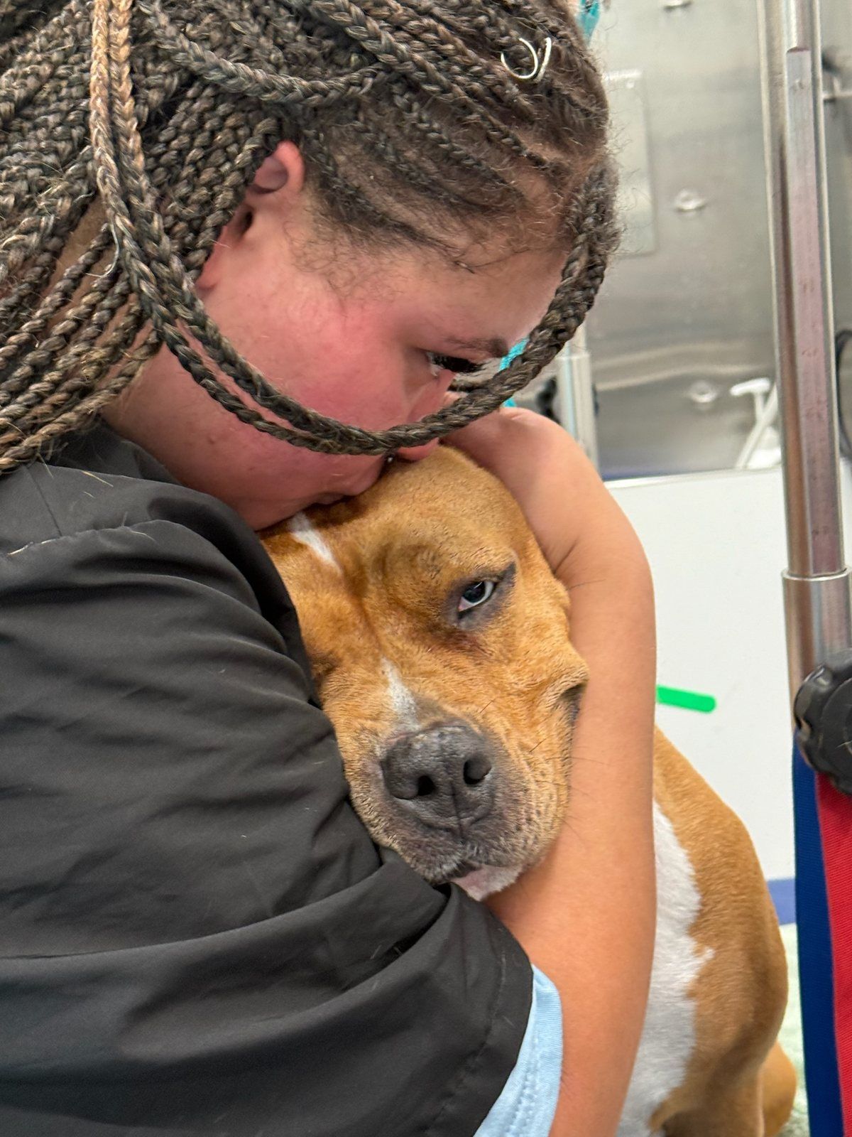 A Boops N' Bubbles groomer hugging a shelter dog after its grooming session