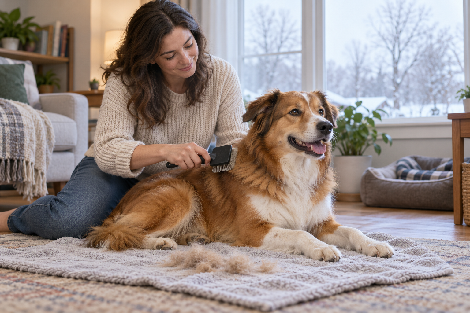 Owner checking loose coat during a gentle indoor brushing session.
