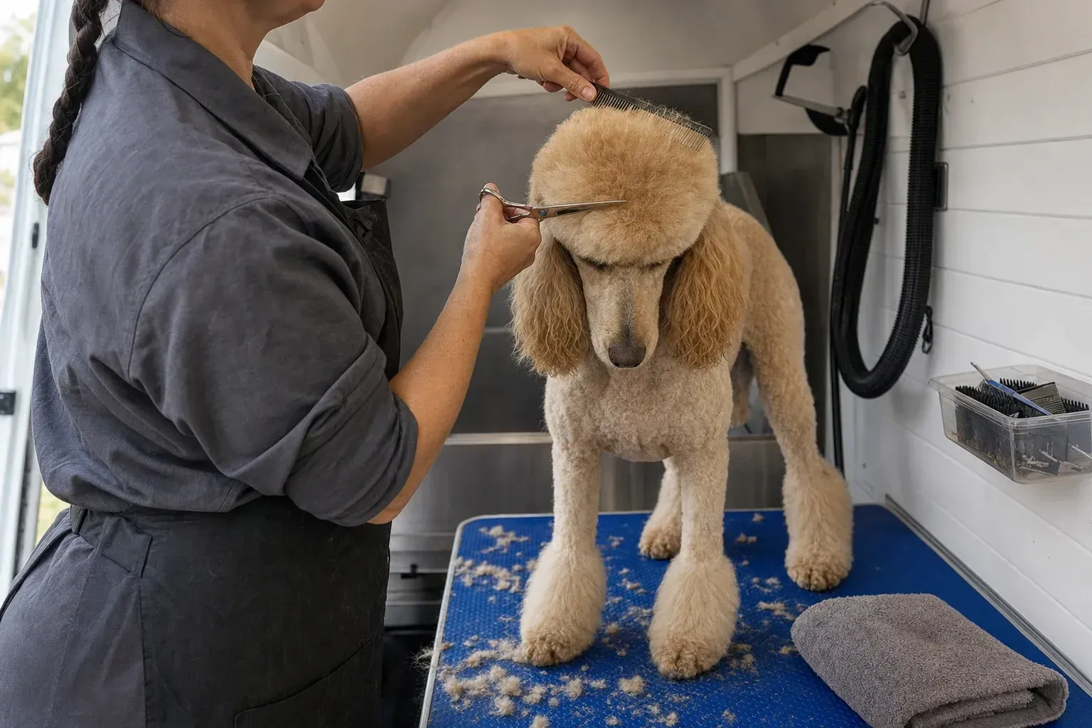 Groomer lifting the hair on a poodle's head with a comb and scissoring the topknot into a rounded shape