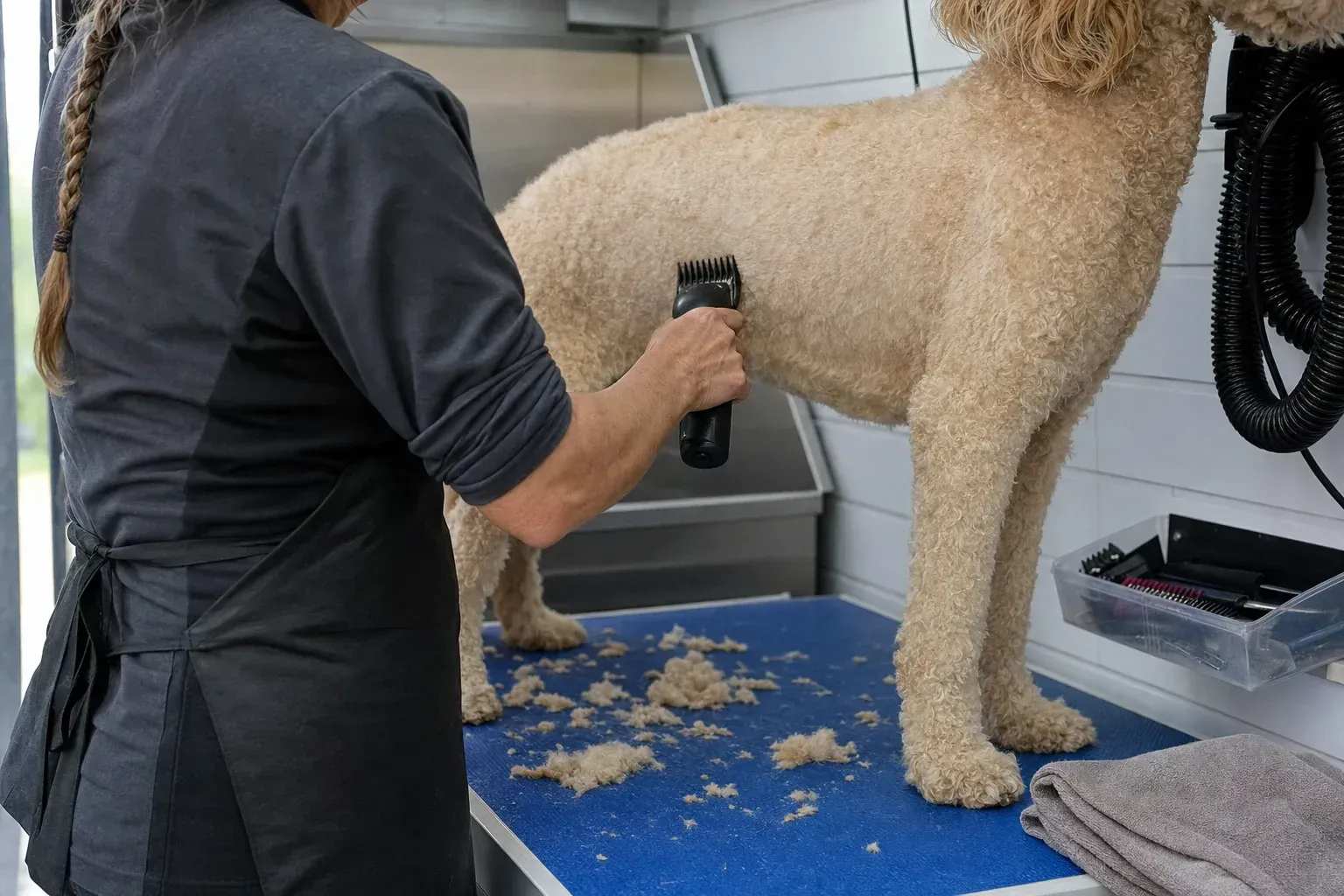 Groomer running a clipper with a long guard comb in one pass down a poodle's back to leave the coat one even length