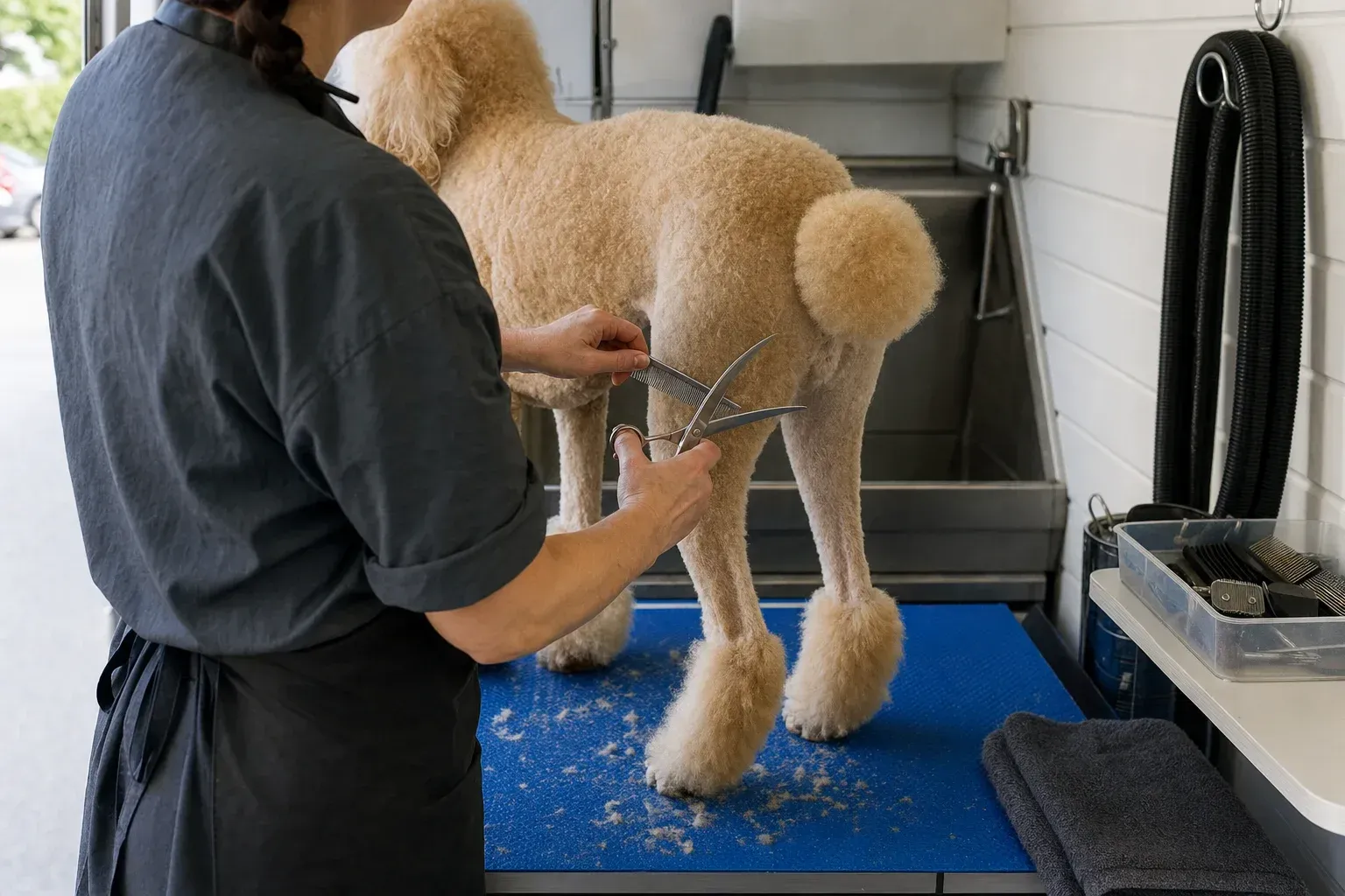 Groomer scissoring a rounded pom of hair on a poodle's hip with the hind leg shaved close