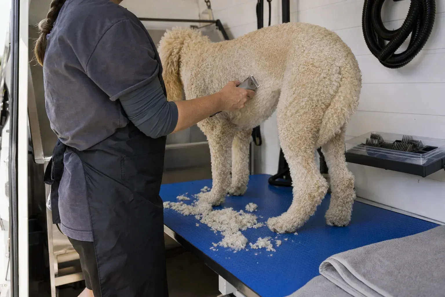 Groomer sliding a short clipper blade along a poodle's ribs with clipped curls collecting on the table