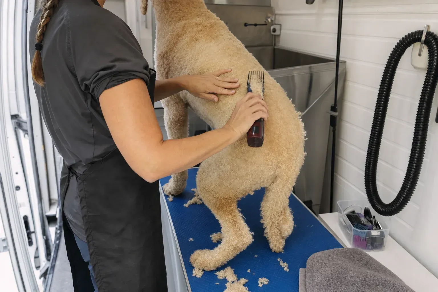 Groomer working through a cream poodle's coat on the grooming table inside a mobile grooming van