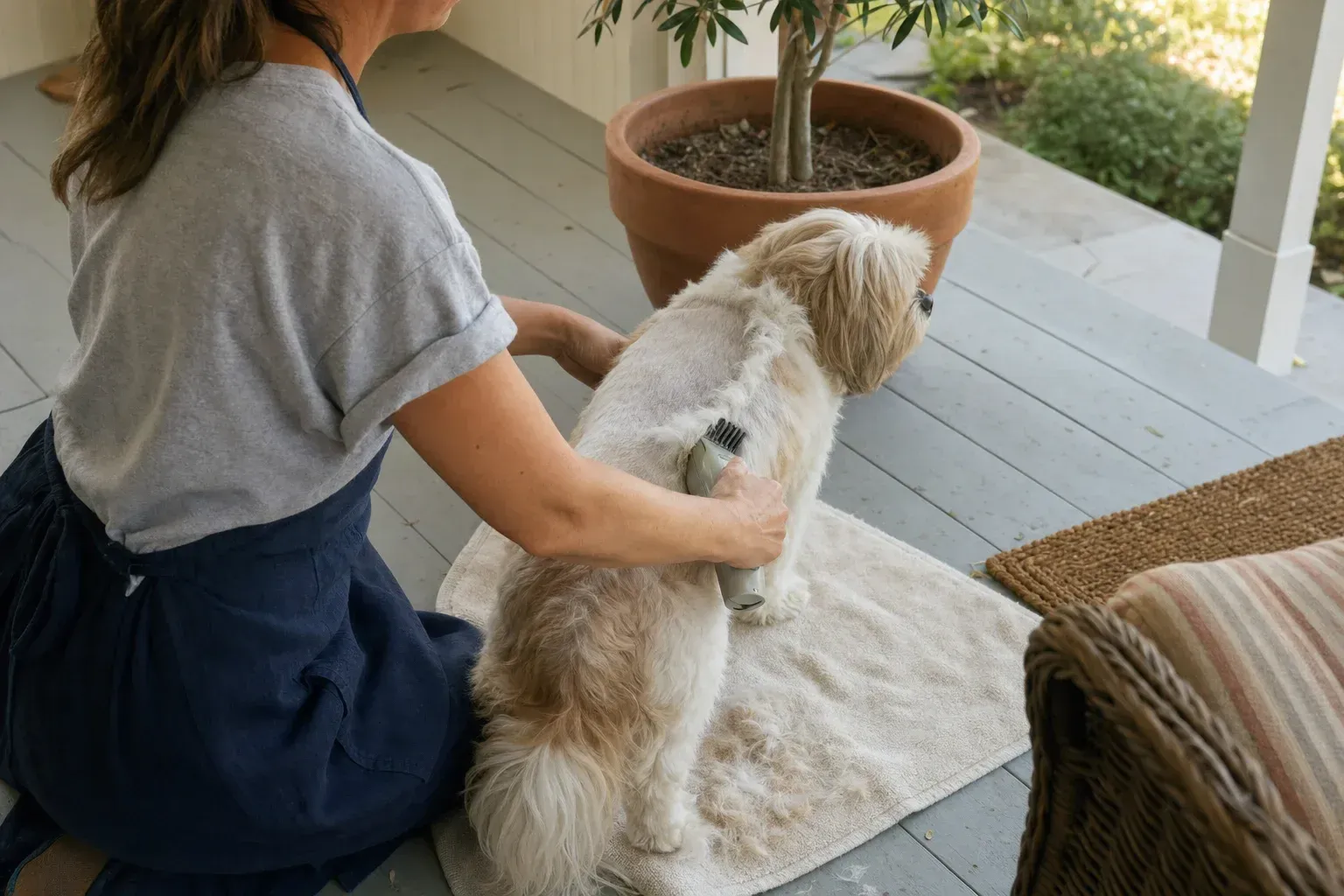 Clipper with a guard comb running down a shih tzu's back leaving the coat one even short length