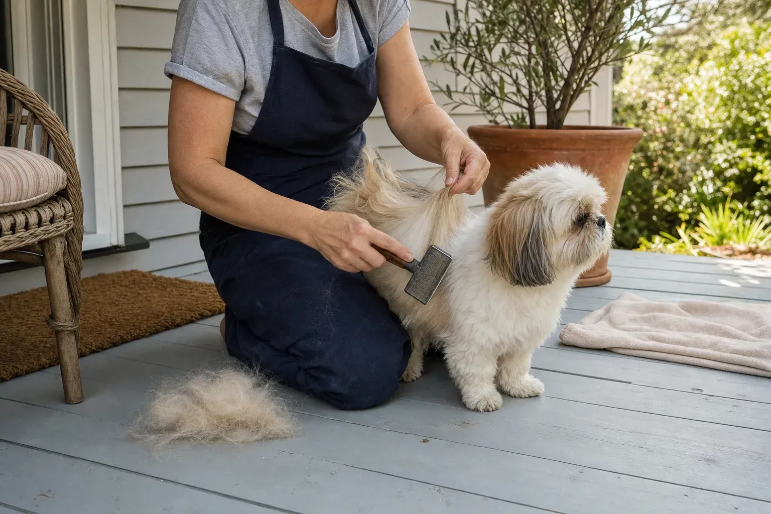Groomer holding a section of shih tzu coat up and combing down through it from the skin, loose hair on the boards