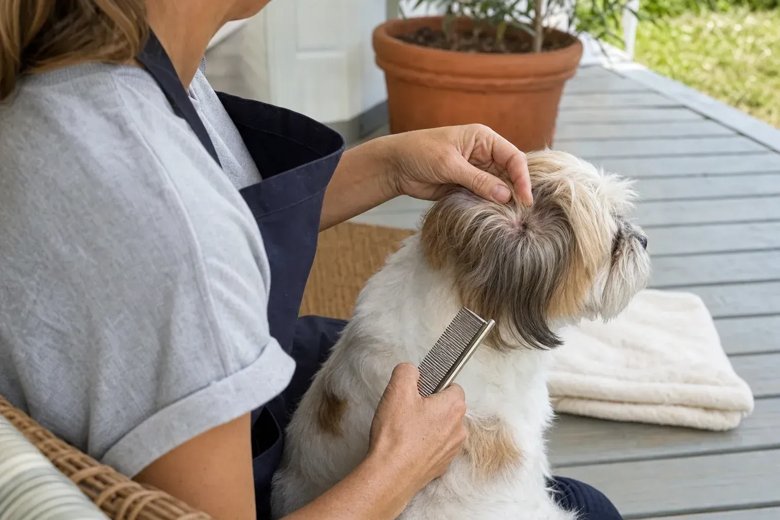 Groomer lifting the hair behind a shih tzu's ear with a metal comb in hand to find a knot at the base
