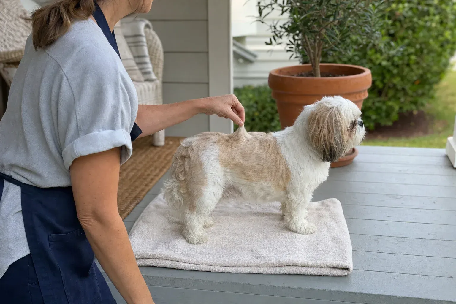 Groomer pinching a short section of a shih tzu's back coat between two fingers to show the exact length being asked for