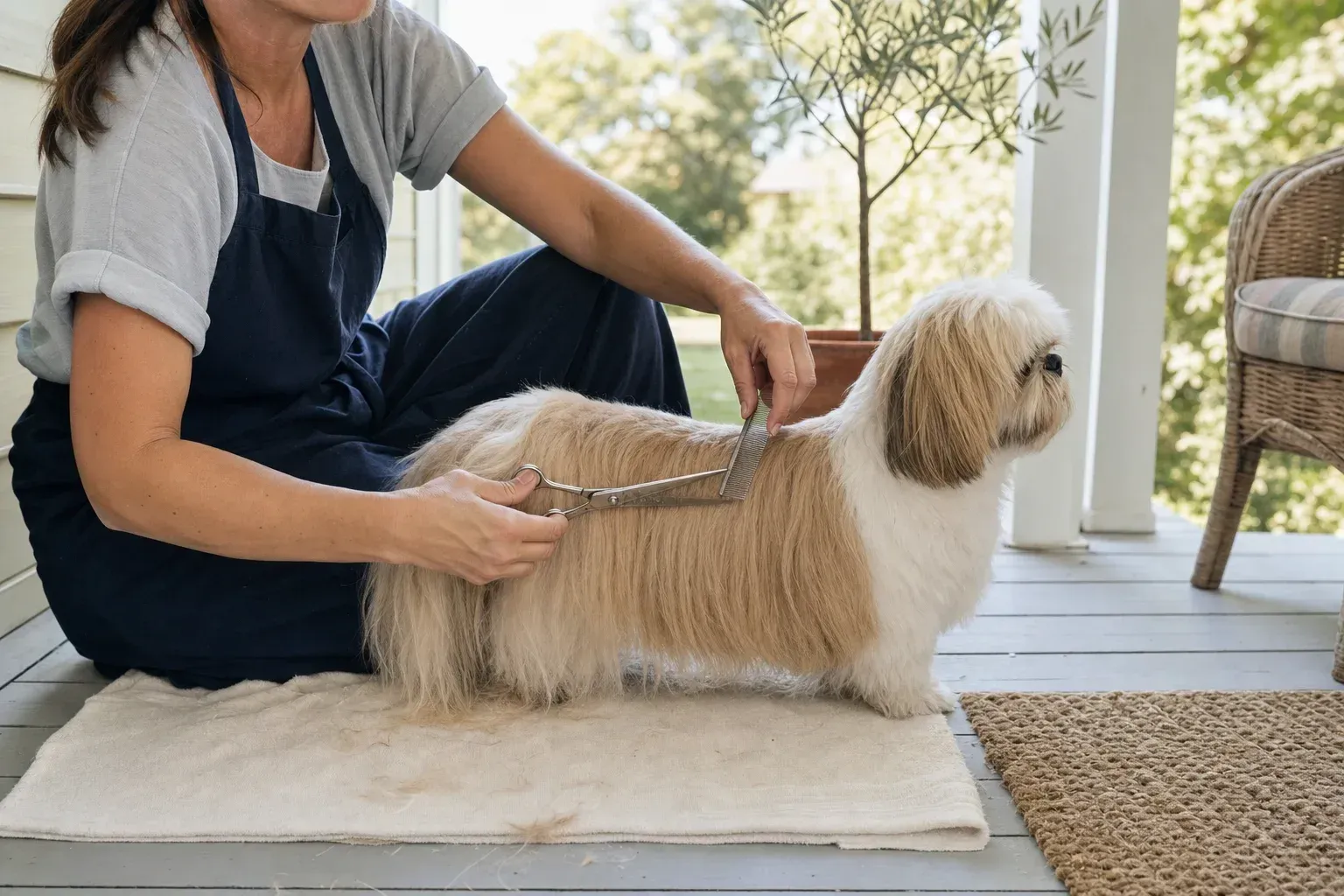 Groomer scissoring a long shih tzu coat level along the dog's side with a comb held underneath to guide the line