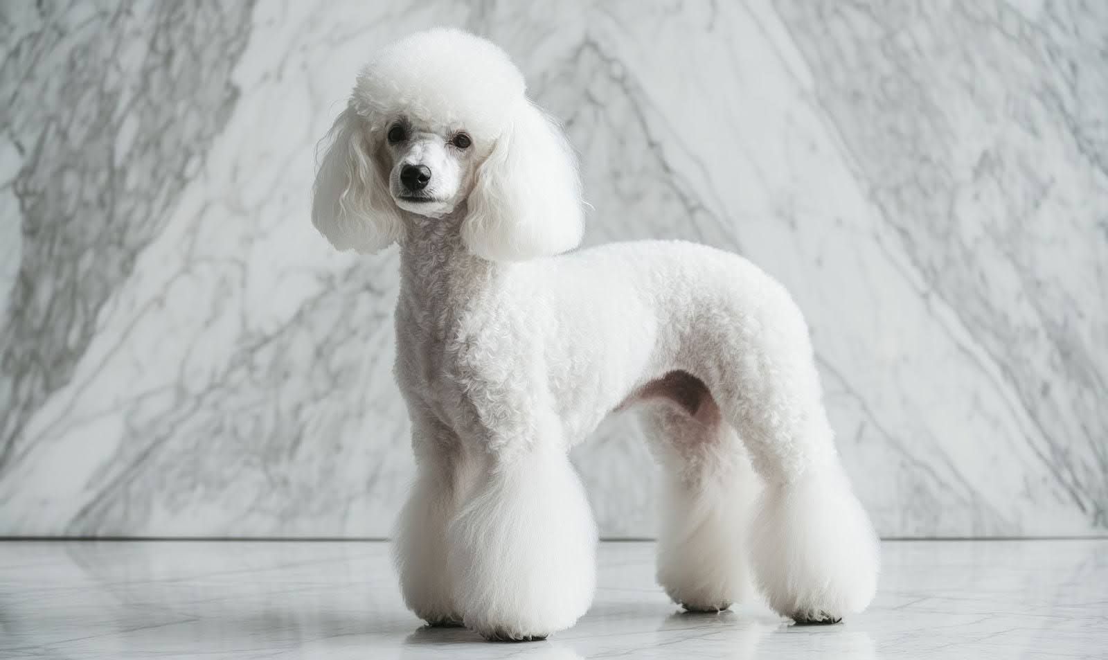 White poodle standing on a marble floor against a gray marble wall