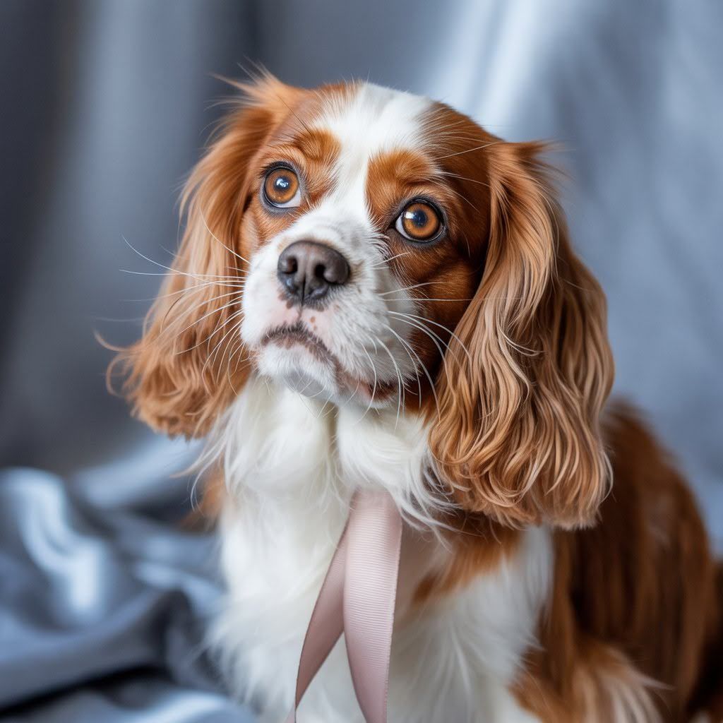 Brown-and-white Cavalier King Charles Spaniel with a pink ribbon, looking up against a gray backdrop