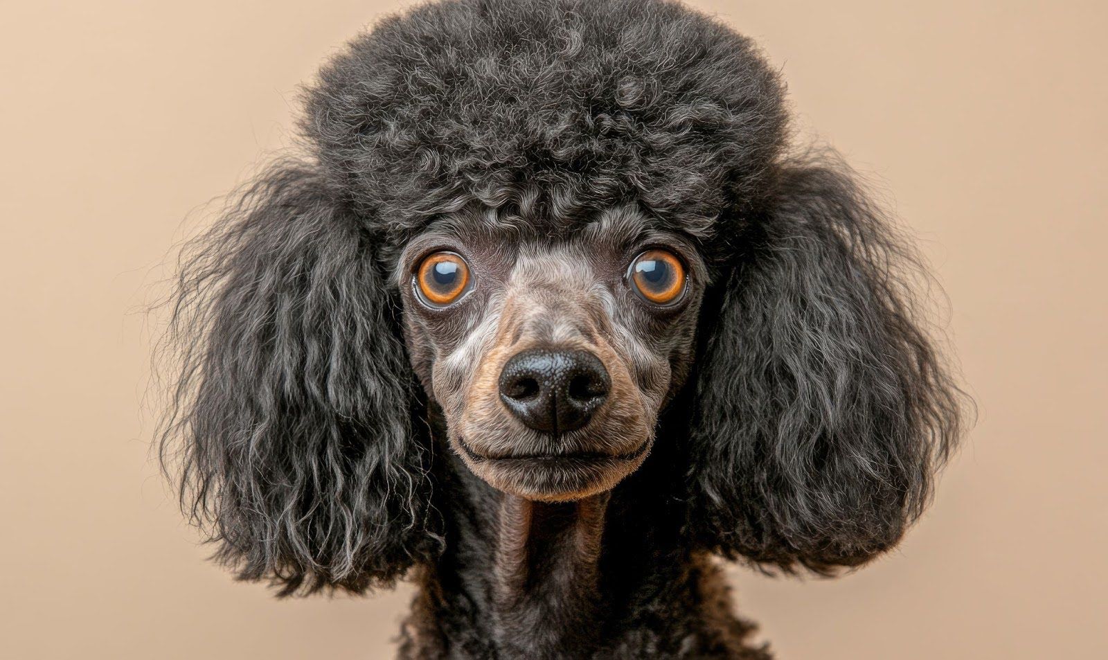 Black poodle with large fluffy ears and topknot against a beige background, staring wide-eyed at the camera