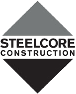 A black and white logo for steelcore construction.