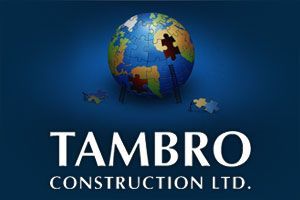 A logo for tambro construction ltd. with a globe on a blue background