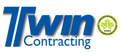A blue and white logo for twin contracting