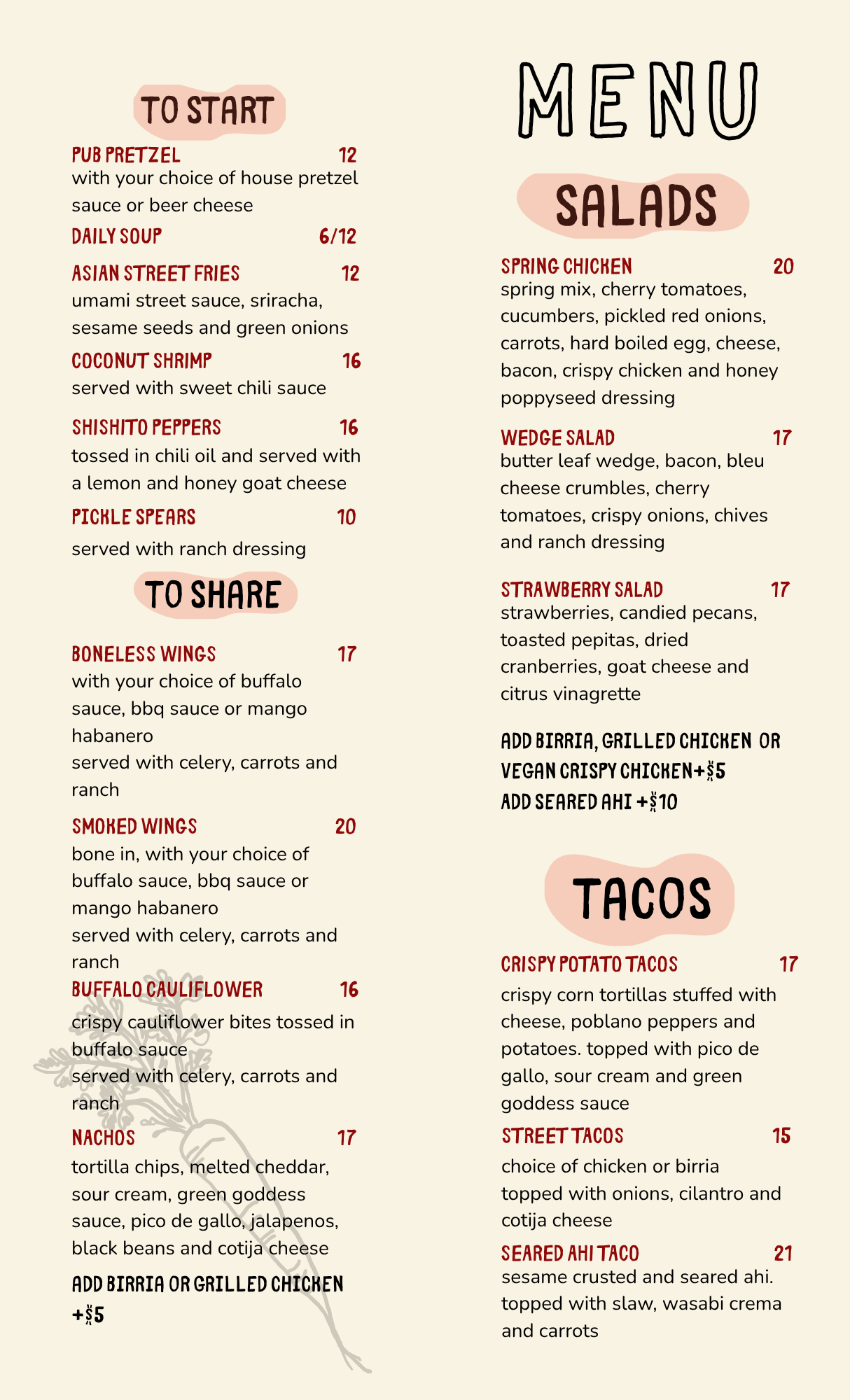 The olde alehouse menu