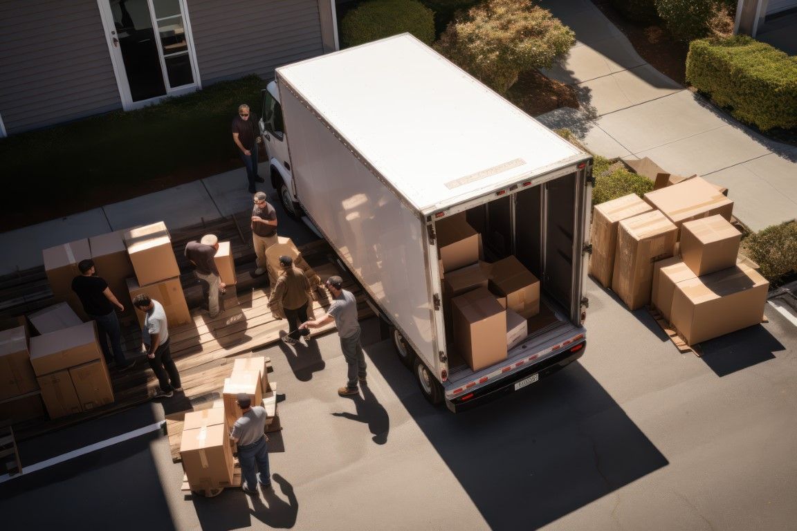 People unloading cardboard boxes from a white delivery truck in a driveway