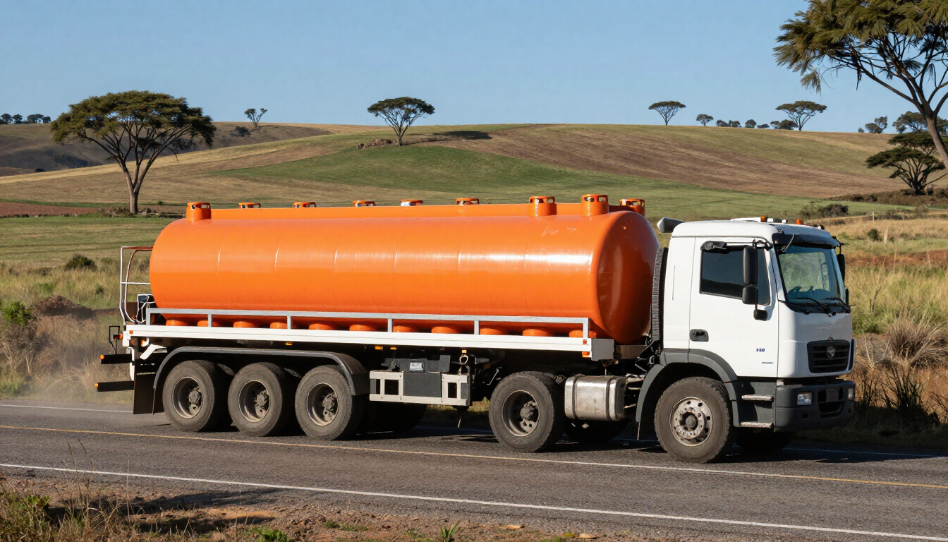 Camión cisterna naranja estacionado en una carretera en un paisaje de sabana cubierta de hierba.