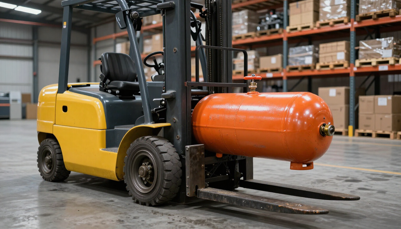 Una carretilla elevadora amarilla transporta una bombona de gas naranja en un pasillo de un almacén.