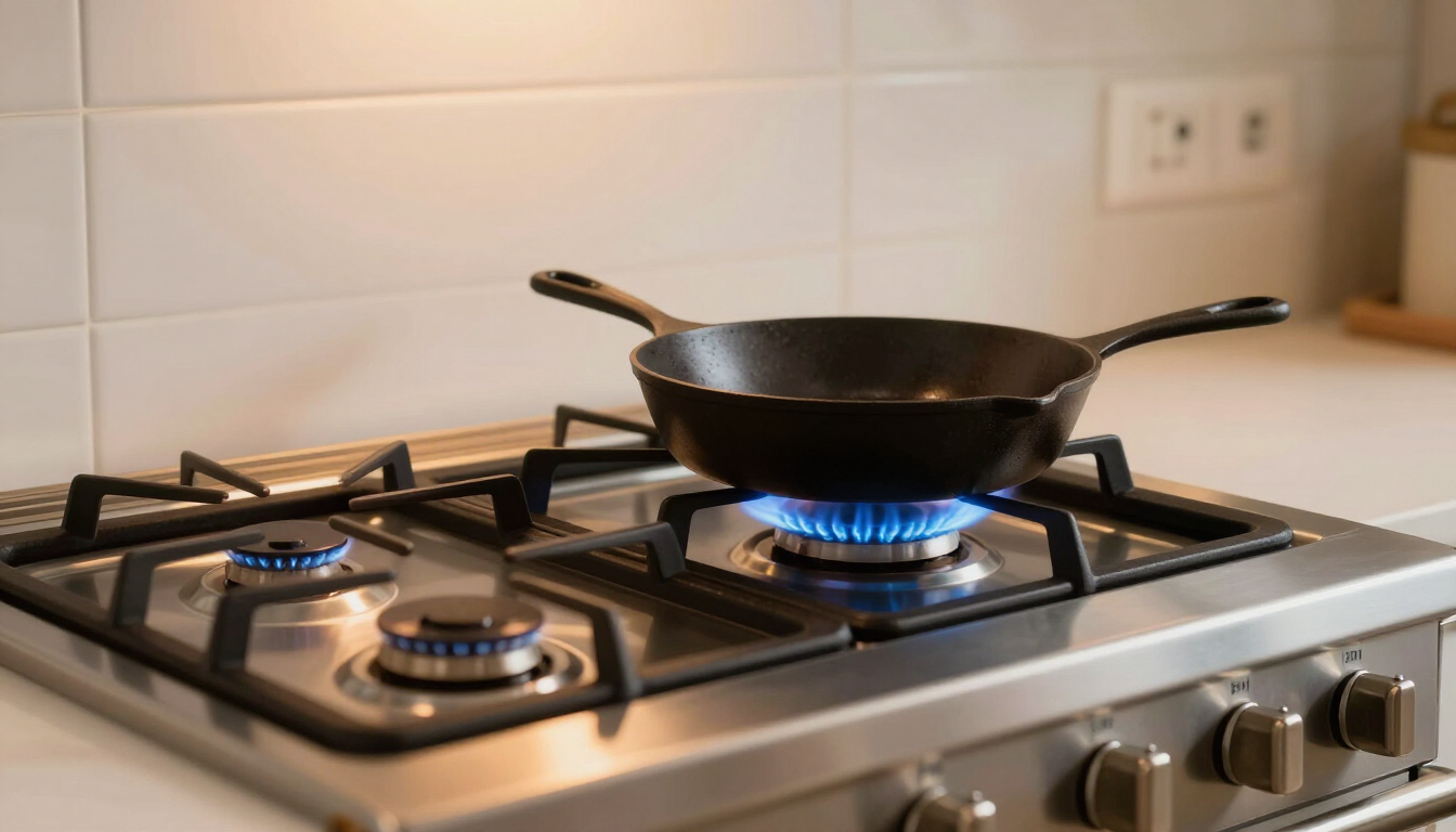 Una sartén negra sobre una estufa de gas con llamas azules en una cocina blanca.