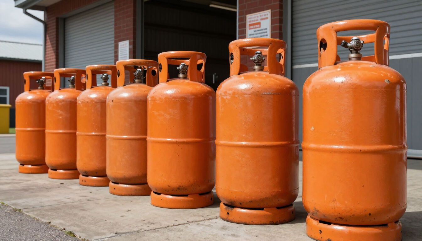 Una hilera de bombonas de gas propano de color naranja se alineaban frente a un edificio.