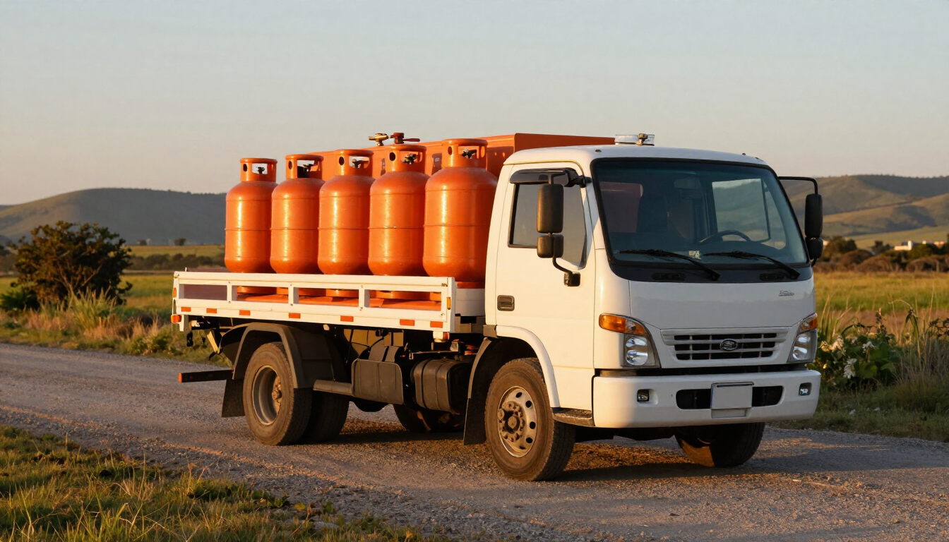 Camión blanco de plataforma cargado con bombonas de gas naranjas estacionado en un camino de tierra al atardecer.