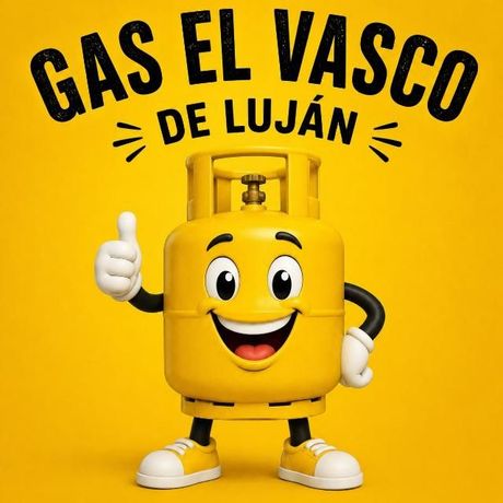 Mascota de bombona de gas amarilla haciendo el gesto de pulgar hacia arriba con el texto “Gas El Vasco de Luján” sobre un fondo amarillo.