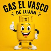 Mascota de bombona de gas amarilla haciendo el gesto de pulgar hacia arriba con el texto “Gas El Vasco de Luján” sobre fondo amarillo.