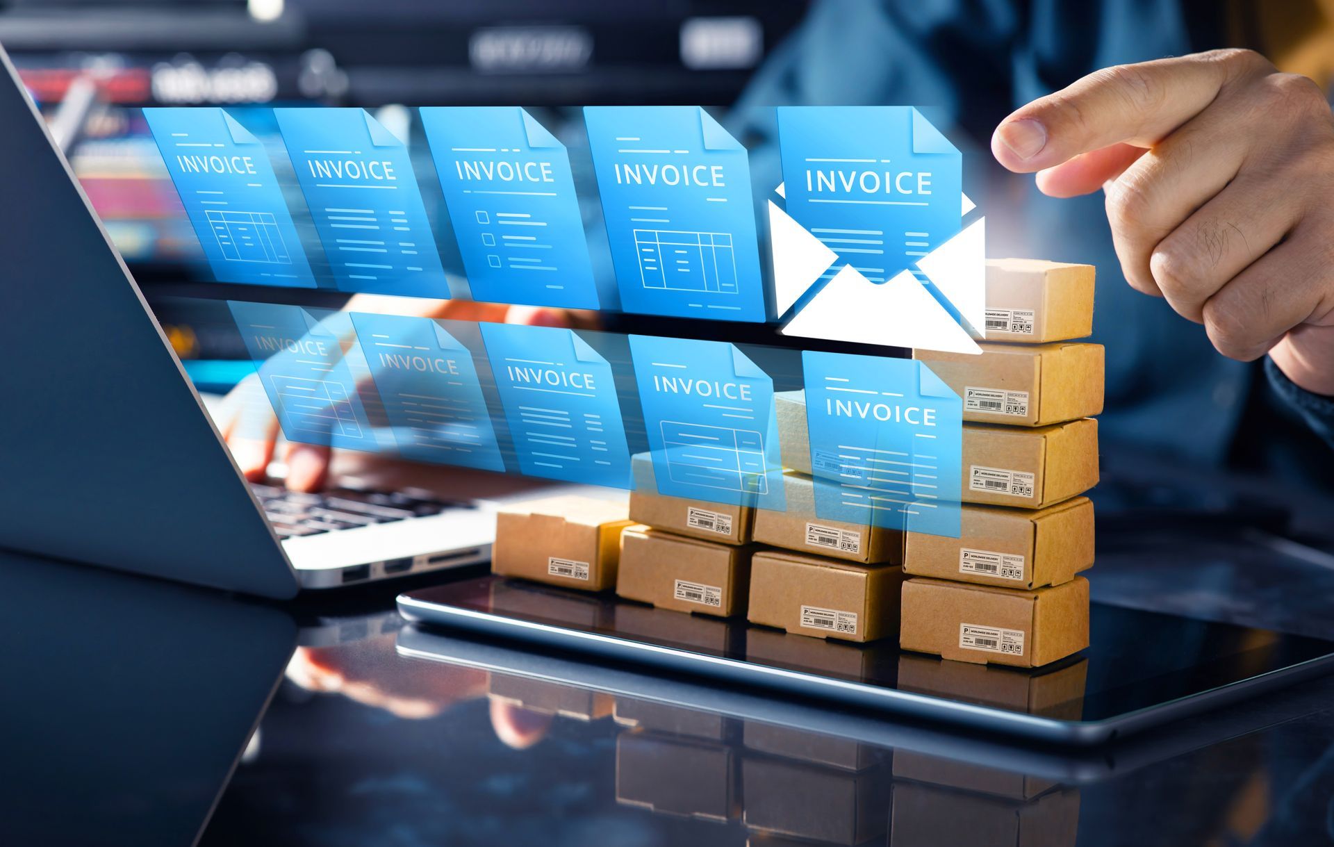 Online invoice automation with digital invoices over stacked shipping boxes and a laptop on a desk