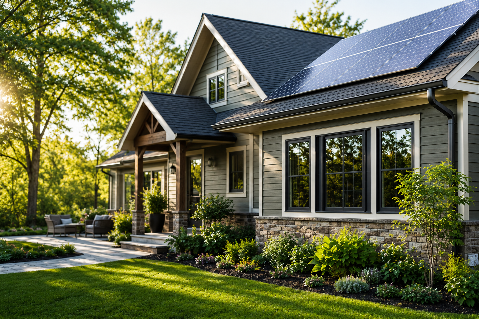 Modern eco-friendly home with solar panels, efficient windows, and durable siding in Bellevue, IA